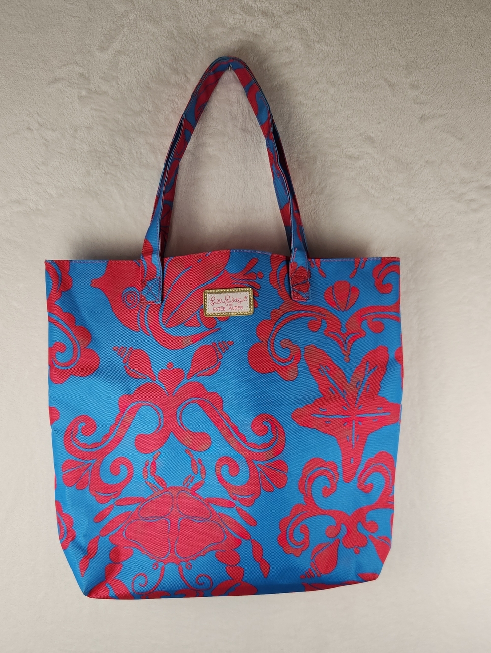 Lilly Pulitzer for Estee Lauder Blue & Hot Pink Canvas Tote Bag Sea Life Pattern